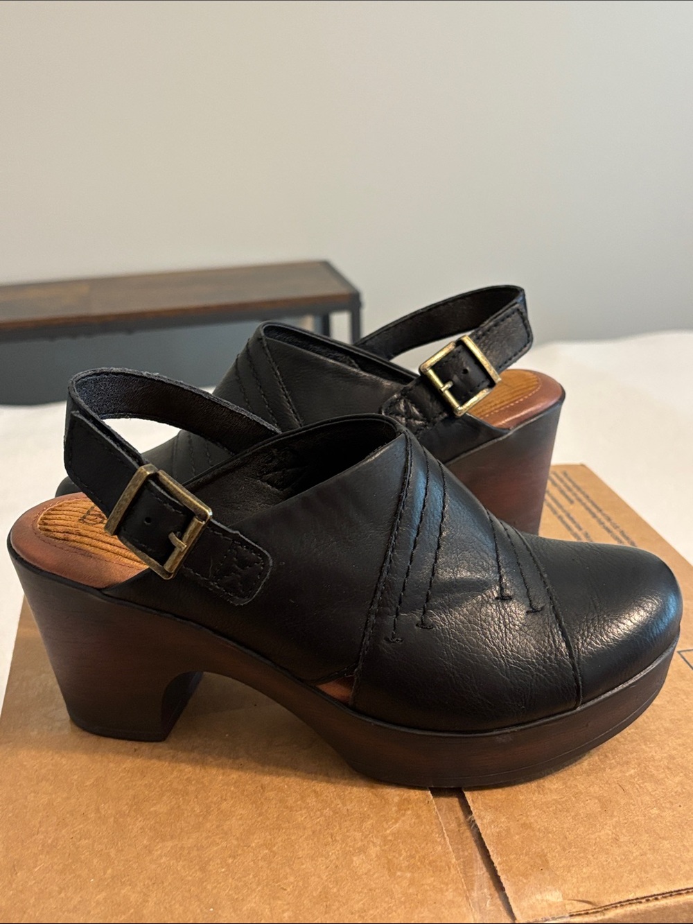 boc Black Leather Slingback Clogs with Wood-Look Platform